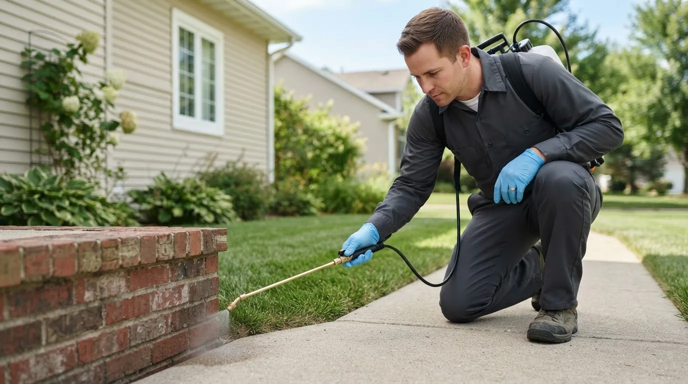 Pest control technician treating a home near New Boston, MO